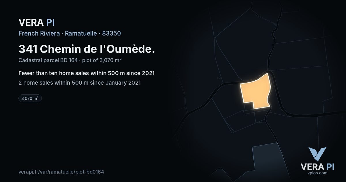 341 Chemin de l'Oumède, Ramatuelle at night – the plot lit, the parcels around coloured by the prices near them