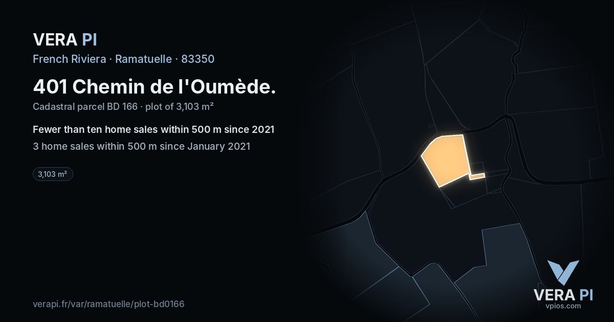 401 Chemin de l'Oumède, Ramatuelle at night – the plot lit, the parcels around coloured by the prices near them