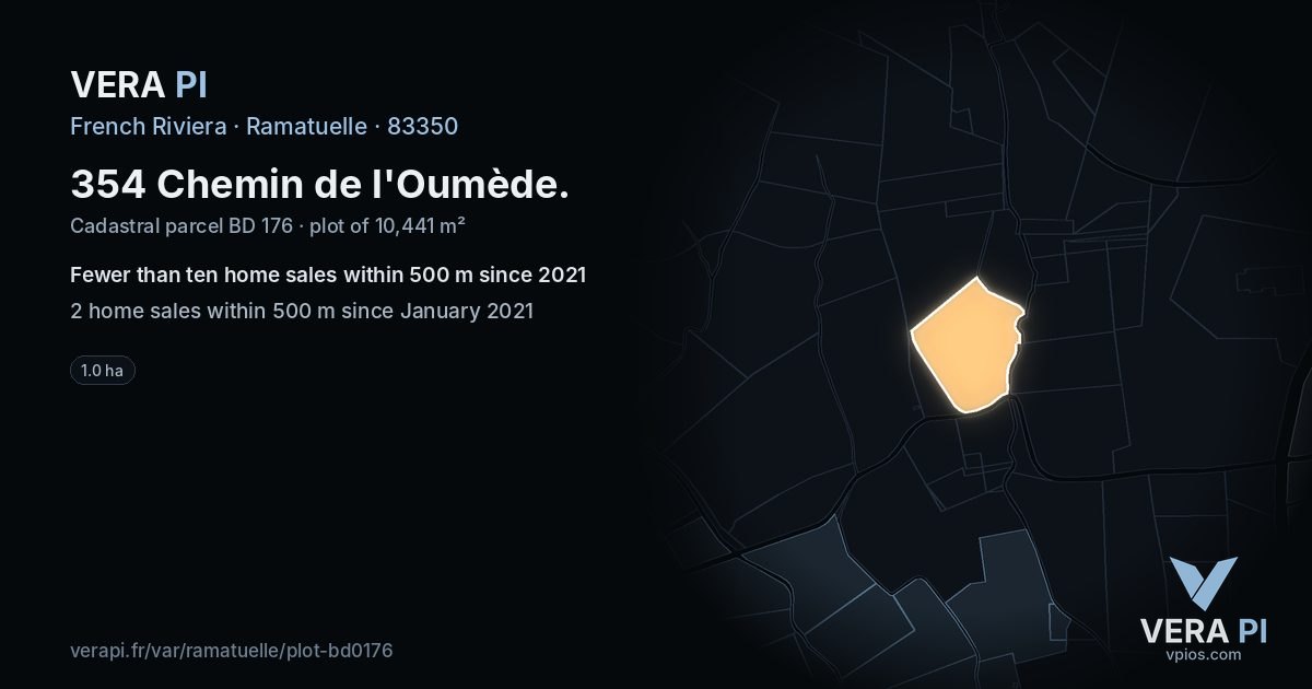 354 Chemin de l'Oumède, Ramatuelle at night – the plot lit, the parcels around coloured by the prices near them