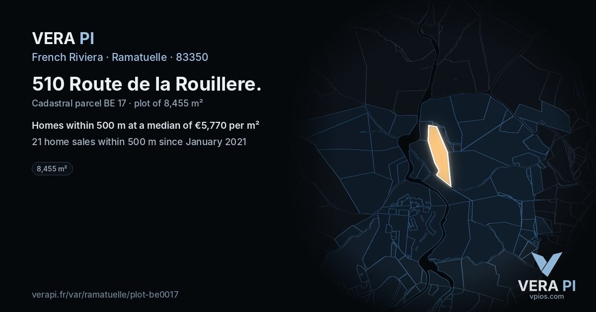 510 Route de la Rouillere, Ramatuelle at night – the plot lit, the parcels around coloured by the prices near them