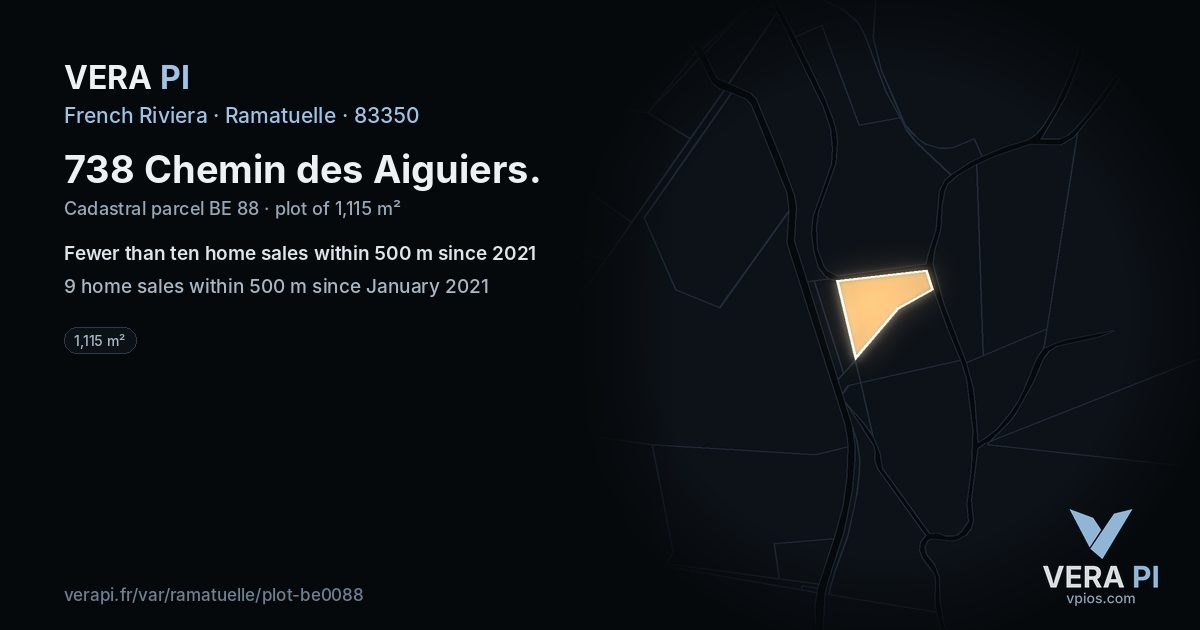 738 Chemin des Aiguiers, Ramatuelle at night – the plot lit, the parcels around coloured by the prices near them