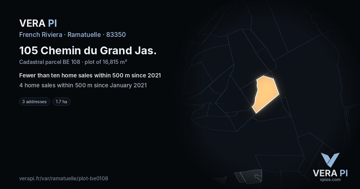 105 Chemin du Grand Jas, Ramatuelle at night – the plot lit, the parcels around coloured by the prices near them
