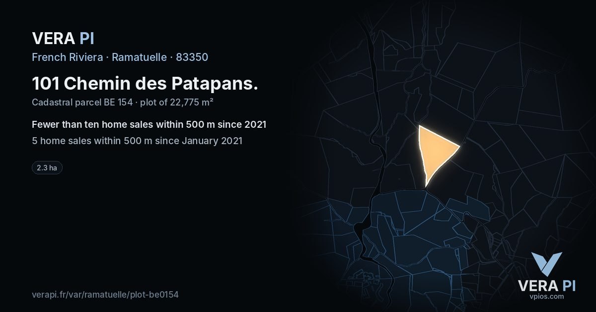 101 Chemin des Patapans, Ramatuelle at night – the plot lit, the parcels around coloured by the prices near them