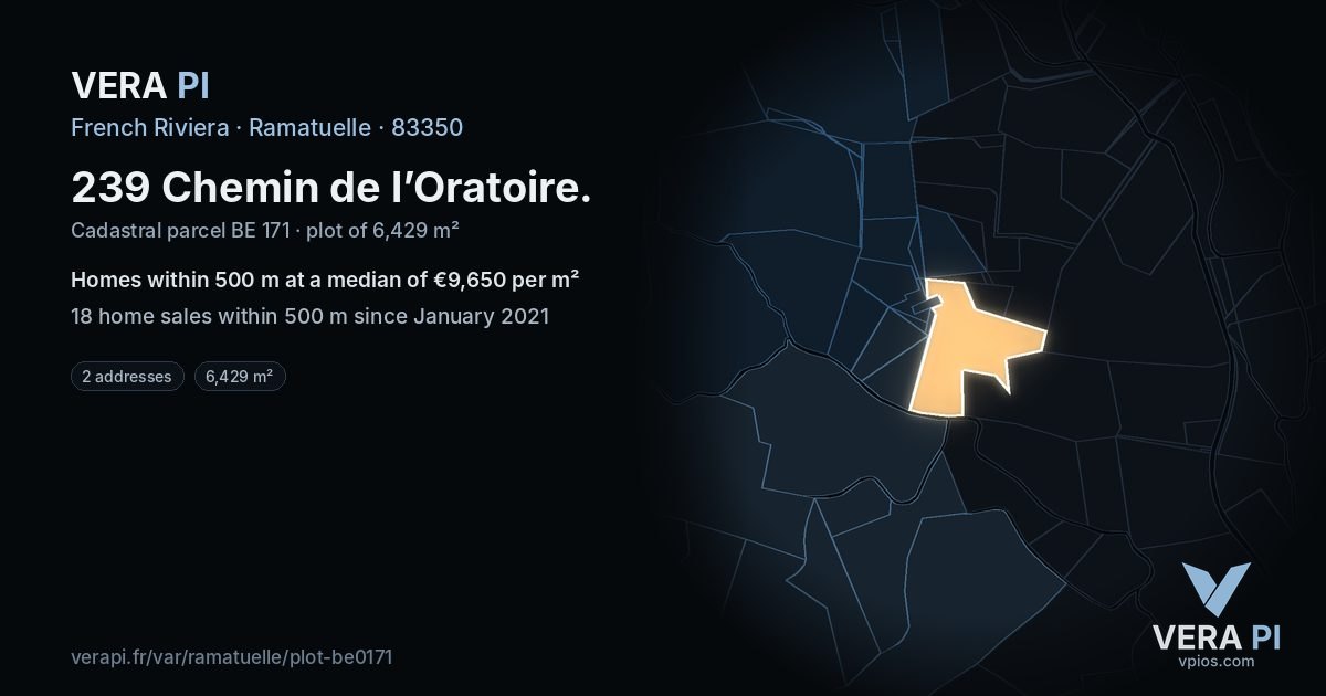 239 Chemin de l’Oratoire, Ramatuelle at night – the plot lit, the parcels around coloured by the prices near them