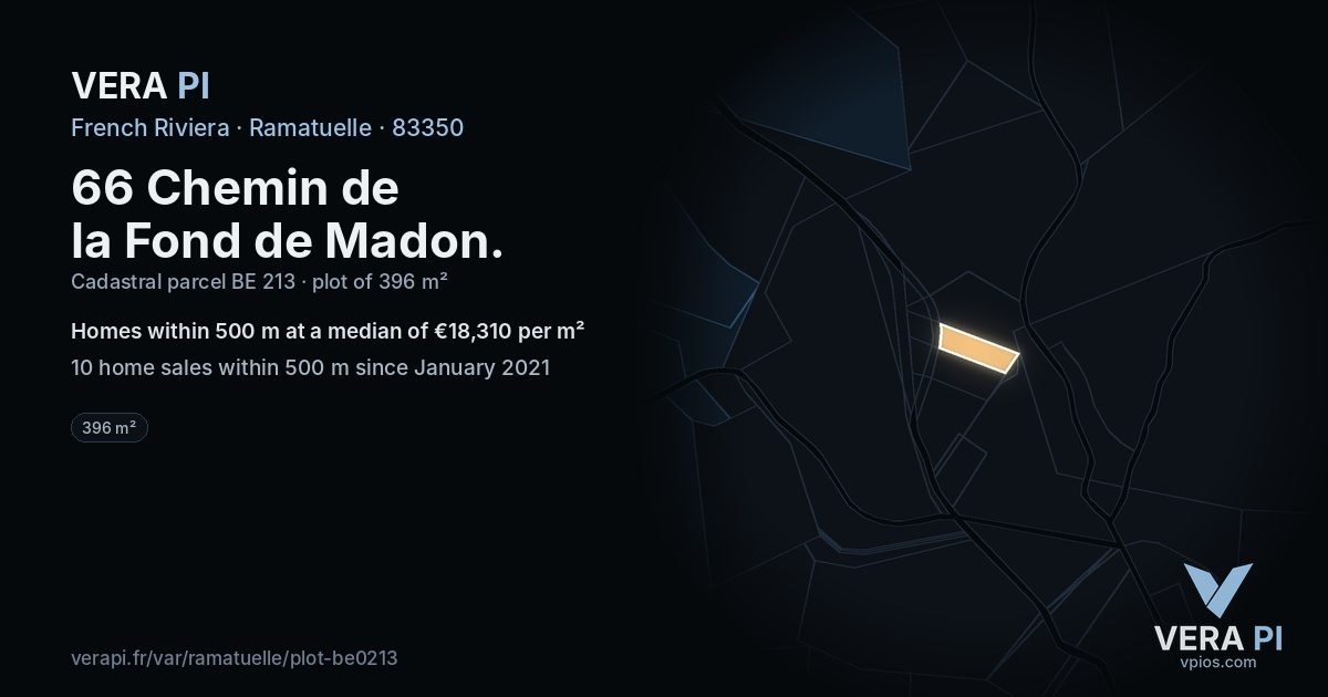66 Chemin de la Fond de Madon, Ramatuelle at night – the plot lit, the parcels around coloured by the prices near them