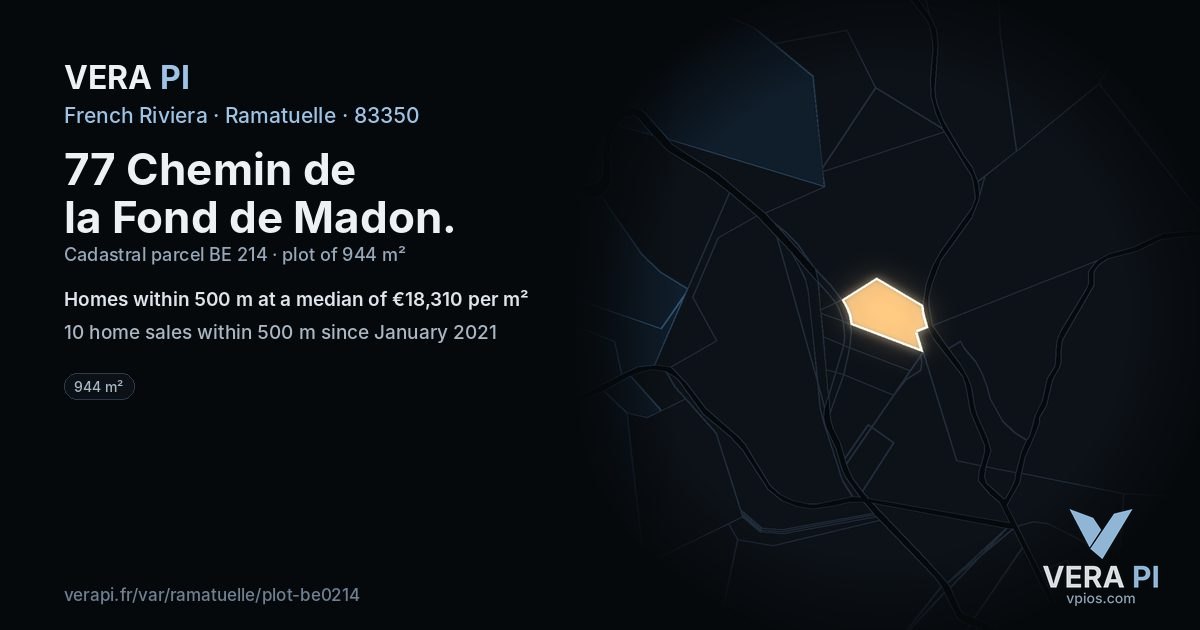 77 Chemin de la Fond de Madon, Ramatuelle at night – the plot lit, the parcels around coloured by the prices near them