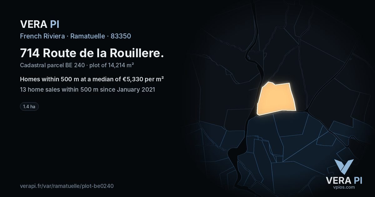 714 Route de la Rouillere, Ramatuelle at night – the plot lit, the parcels around coloured by the prices near them