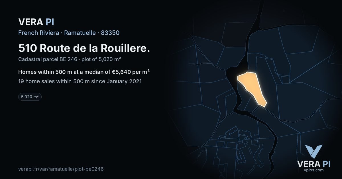 510 Route de la Rouillere, Ramatuelle at night – the plot lit, the parcels around coloured by the prices near them