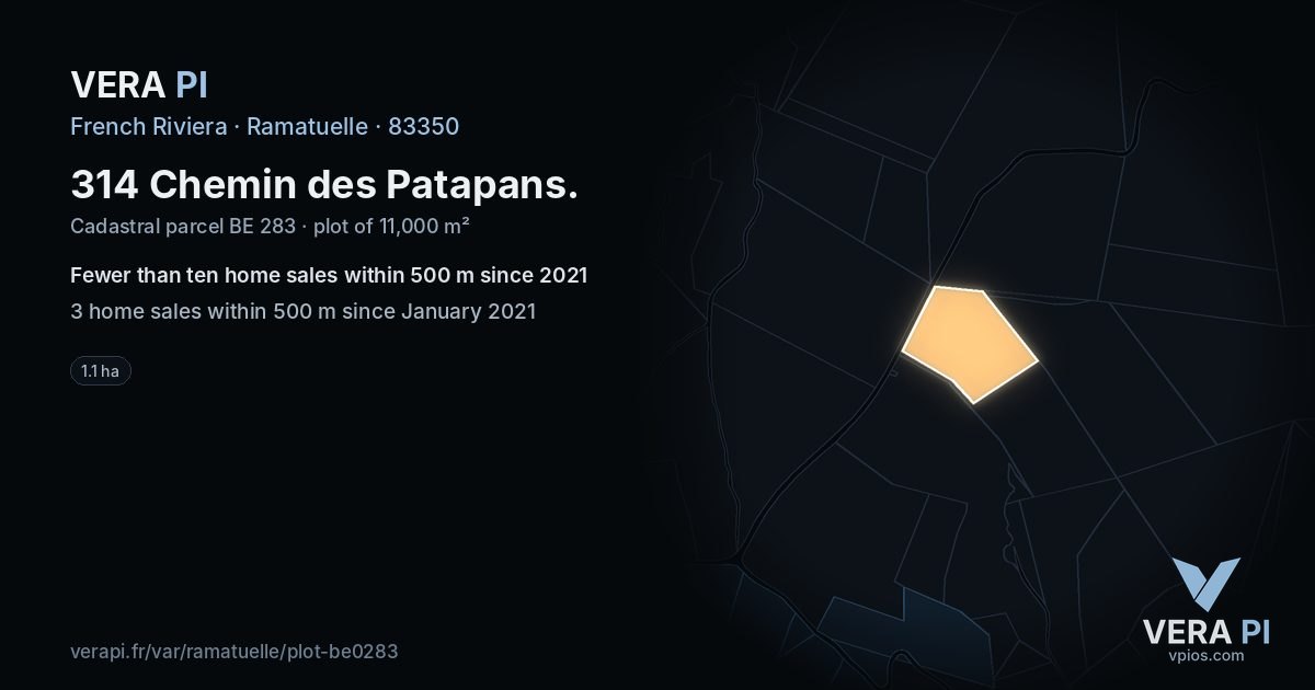 314 Chemin des Patapans, Ramatuelle at night – the plot lit, the parcels around coloured by the prices near them