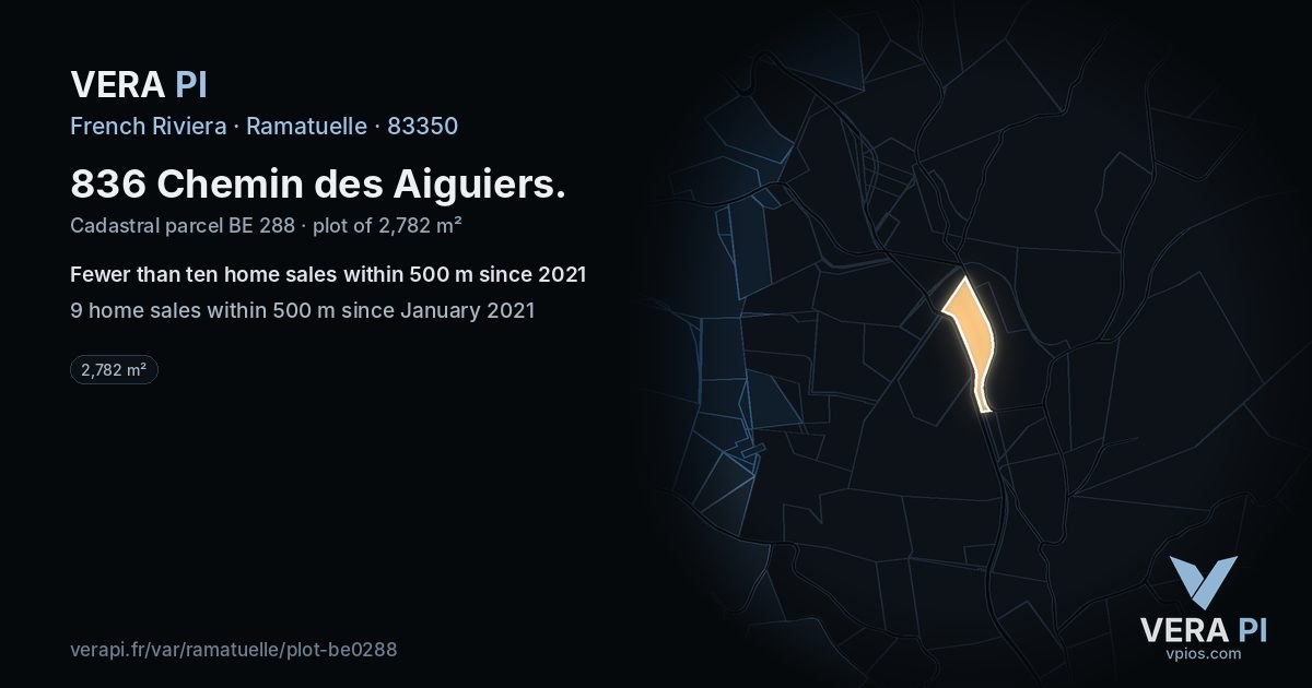 836 Chemin des Aiguiers, Ramatuelle at night – the plot lit, the parcels around coloured by the prices near them
