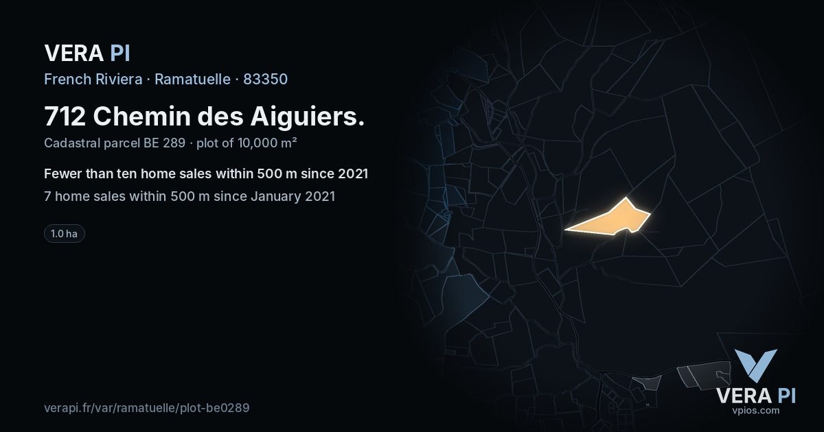 712 Chemin des Aiguiers, Ramatuelle at night – the plot lit, the parcels around coloured by the prices near them