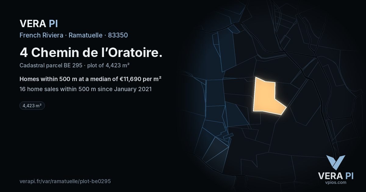 4 Chemin de l’Oratoire, Ramatuelle at night – the plot lit, the parcels around coloured by the prices near them