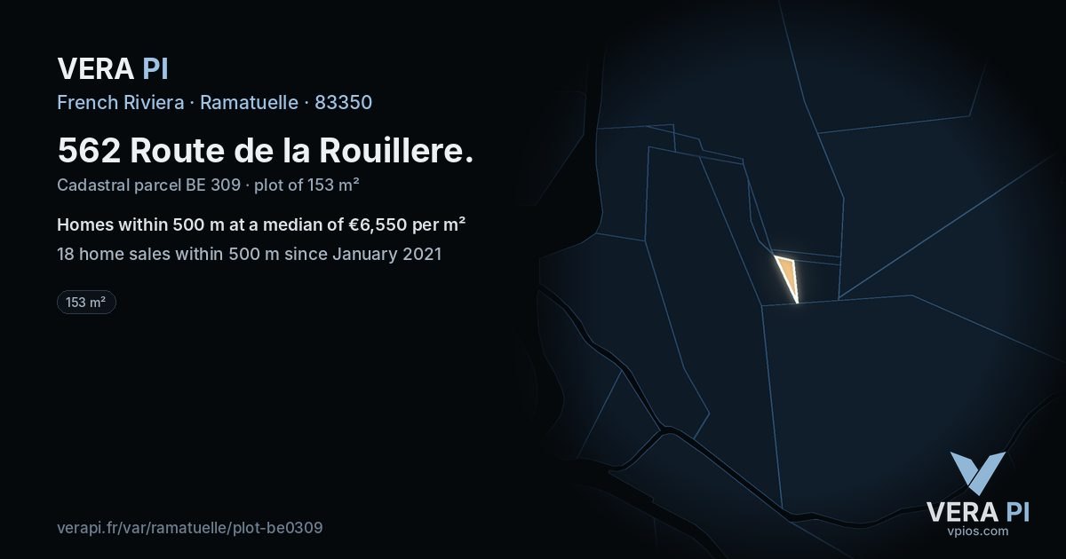 562 Route de la Rouillere, Ramatuelle at night – the plot lit, the parcels around coloured by the prices near them