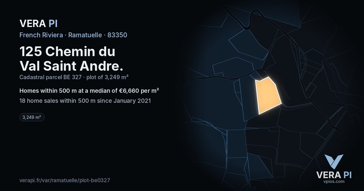 125 Chemin du Val Saint Andre, Ramatuelle at night – the plot lit, the parcels around coloured by the prices near them
