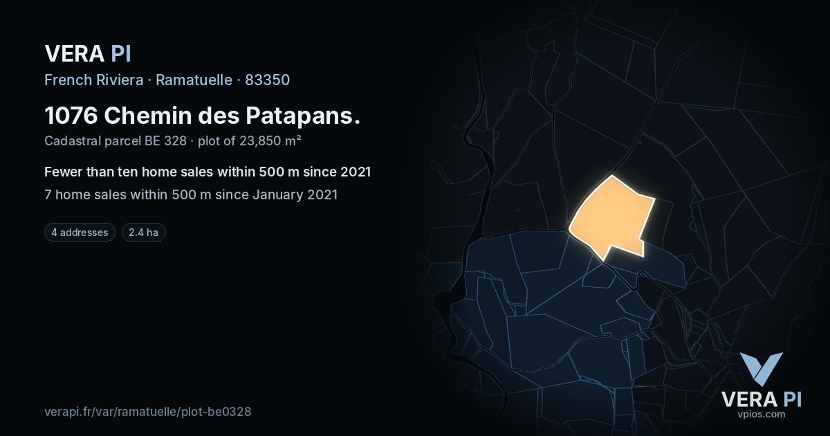 1076 Chemin des Patapans, Ramatuelle at night – the plot lit, the parcels around coloured by the prices near them