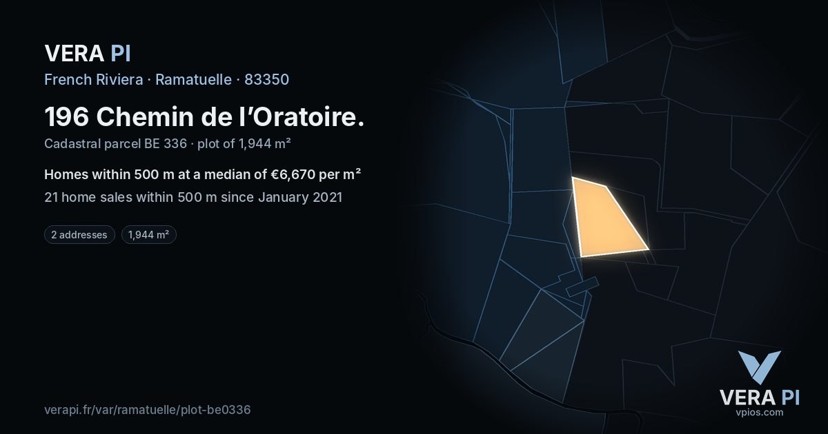 196 Chemin de l’Oratoire, Ramatuelle at night – the plot lit, the parcels around coloured by the prices near them