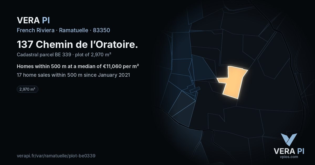 137 Chemin de l’Oratoire, Ramatuelle at night – the plot lit, the parcels around coloured by the prices near them