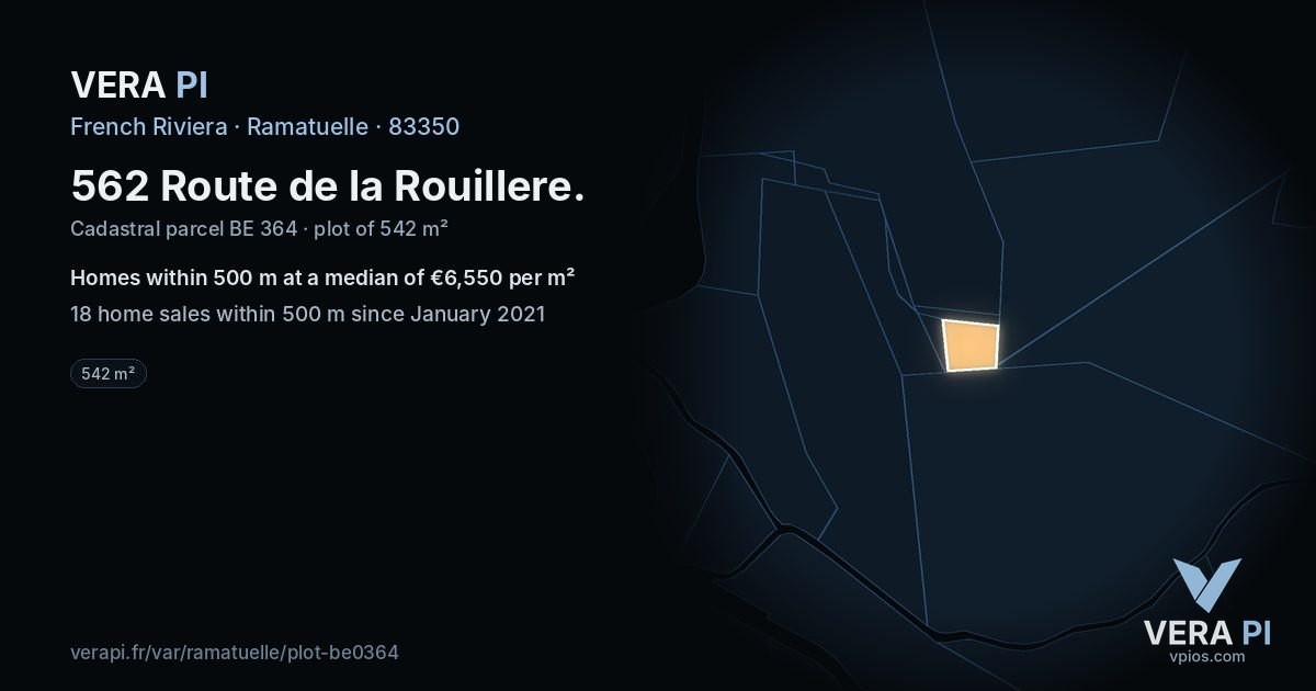 562 Route de la Rouillere, Ramatuelle at night – the plot lit, the parcels around coloured by the prices near them