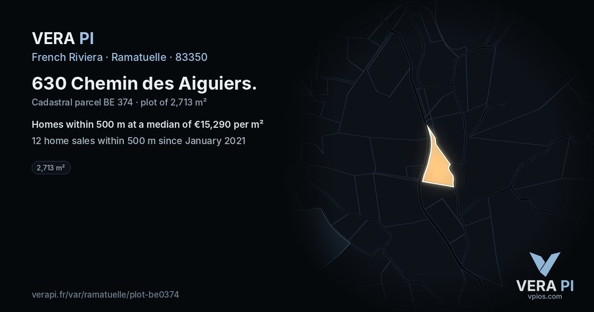630 Chemin des Aiguiers, Ramatuelle at night – the plot lit, the parcels around coloured by the prices near them