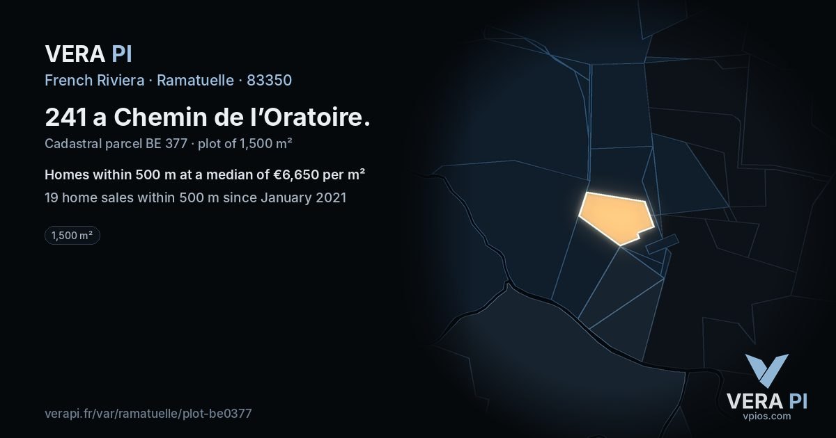 241 a Chemin de l’Oratoire, Ramatuelle at night – the plot lit, the parcels around coloured by the prices near them