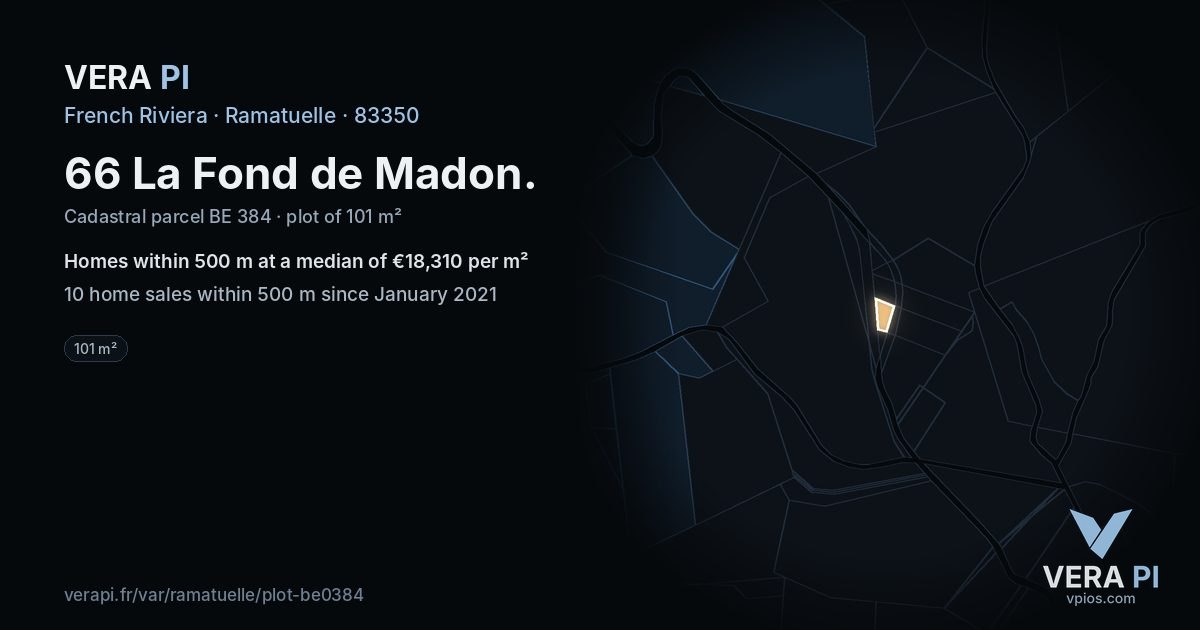 66 La Fond de Madon, Ramatuelle at night – the plot lit, the parcels around coloured by the prices near them