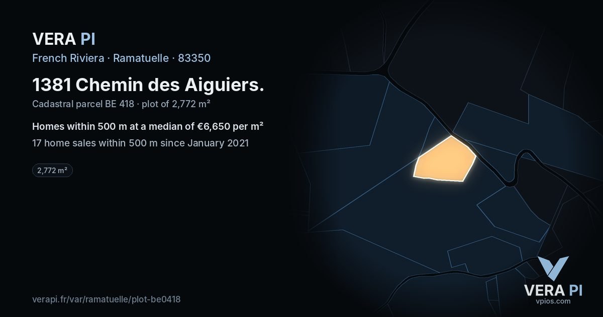1381 Chemin des Aiguiers, Ramatuelle at night – the plot lit, the parcels around coloured by the prices near them