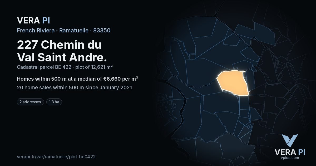 227 Chemin du Val Saint Andre, Ramatuelle at night – the plot lit, the parcels around coloured by the prices near them