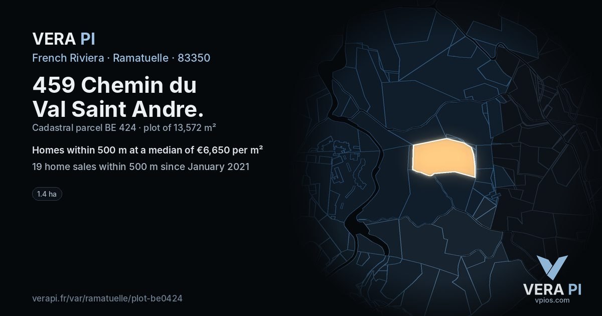 459 Chemin du Val Saint Andre, Ramatuelle at night – the plot lit, the parcels around coloured by the prices near them