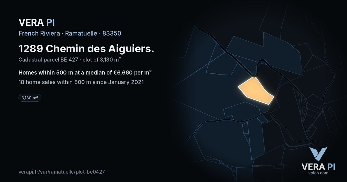1289 Chemin des Aiguiers, Ramatuelle at night – the plot lit, the parcels around coloured by the prices near them