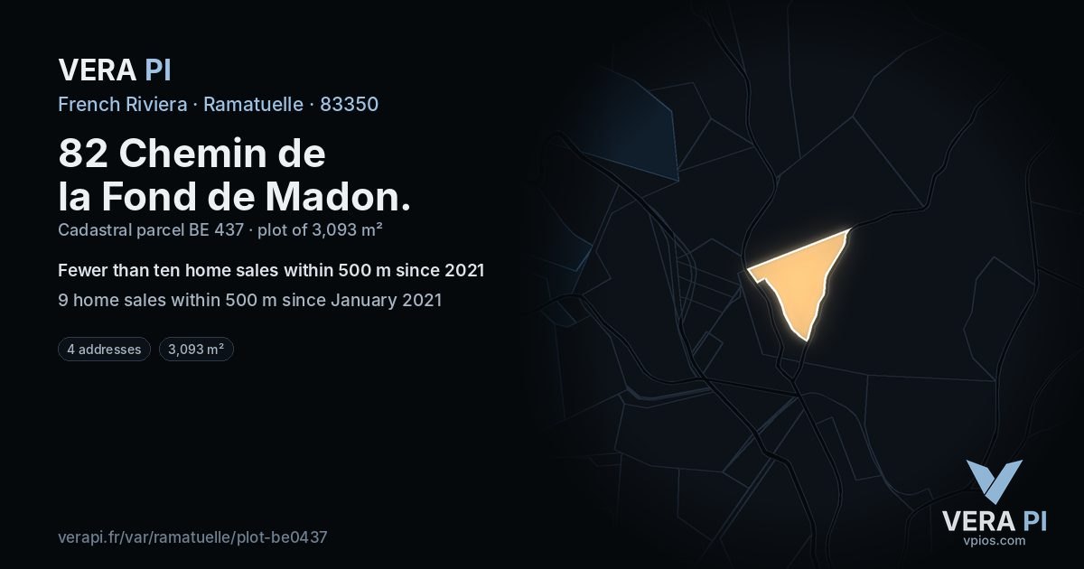 82 Chemin de la Fond de Madon, Ramatuelle at night – the plot lit, the parcels around coloured by the prices near them