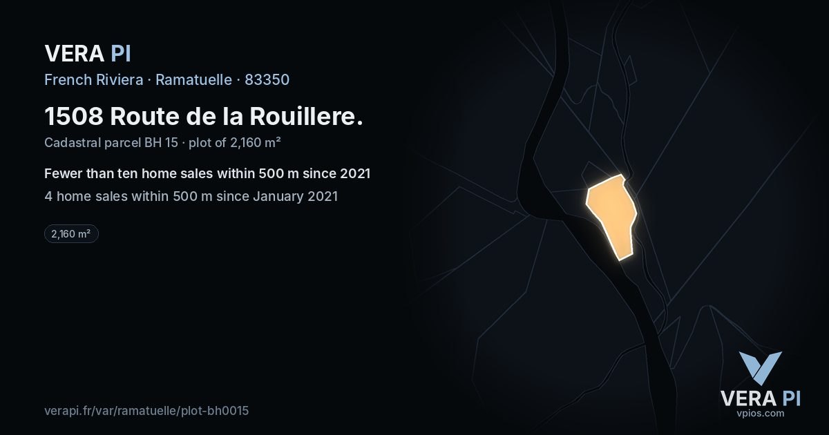 1508 Route de la Rouillere, Ramatuelle at night – the plot lit, the parcels around coloured by the prices near them