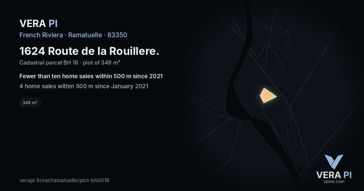 1624 Route de la Rouillere, Ramatuelle at night – the plot lit, the parcels around coloured by the prices near them