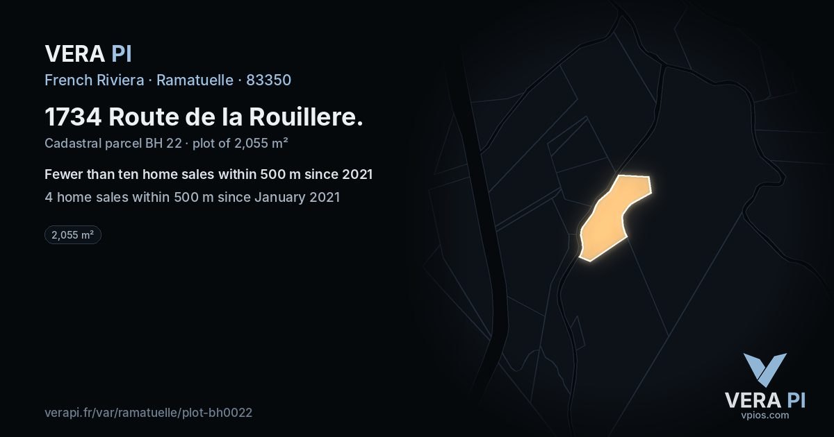 1734 Route de la Rouillere, Ramatuelle at night – the plot lit, the parcels around coloured by the prices near them