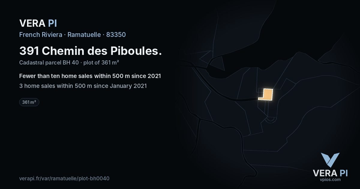 391 Chemin des Piboules, Ramatuelle at night – the plot lit, the parcels around coloured by the prices near them
