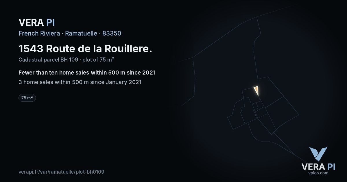 1543 Route de la Rouillere, Ramatuelle at night – the plot lit, the parcels around coloured by the prices near them