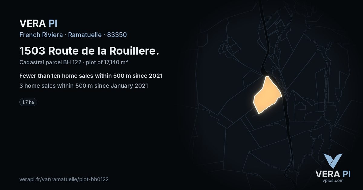 1503 Route de la Rouillere, Ramatuelle at night – the plot lit, the parcels around coloured by the prices near them