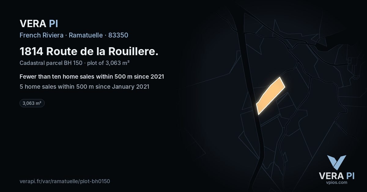 1814 Route de la Rouillere, Ramatuelle at night – the plot lit, the parcels around coloured by the prices near them