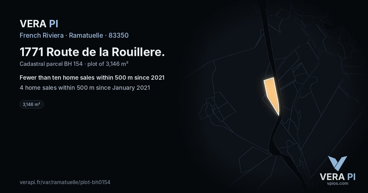 1771 Route de la Rouillere, Ramatuelle at night – the plot lit, the parcels around coloured by the prices near them