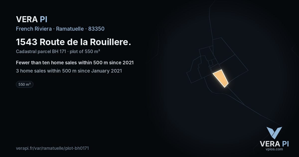 1543 Route de la Rouillere, Ramatuelle at night – the plot lit, the parcels around coloured by the prices near them