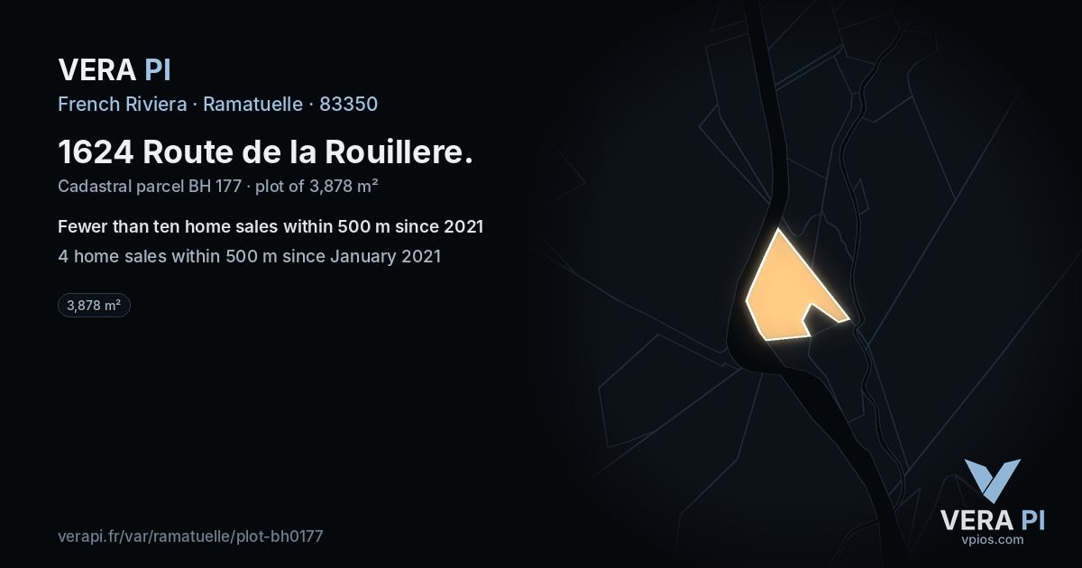 1624 Route de la Rouillere, Ramatuelle at night – the plot lit, the parcels around coloured by the prices near them