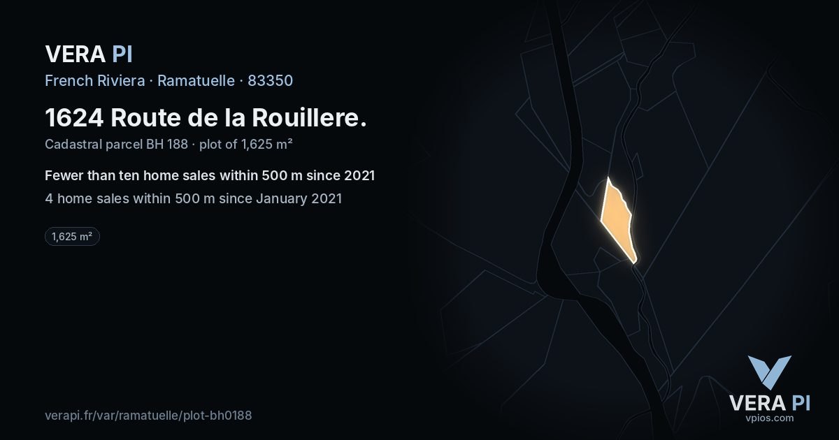 1624 Route de la Rouillere, Ramatuelle at night – the plot lit, the parcels around coloured by the prices near them