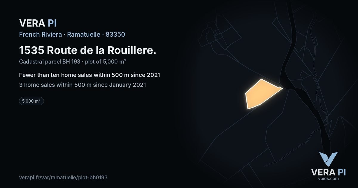 1535 Route de la Rouillere, Ramatuelle at night – the plot lit, the parcels around coloured by the prices near them