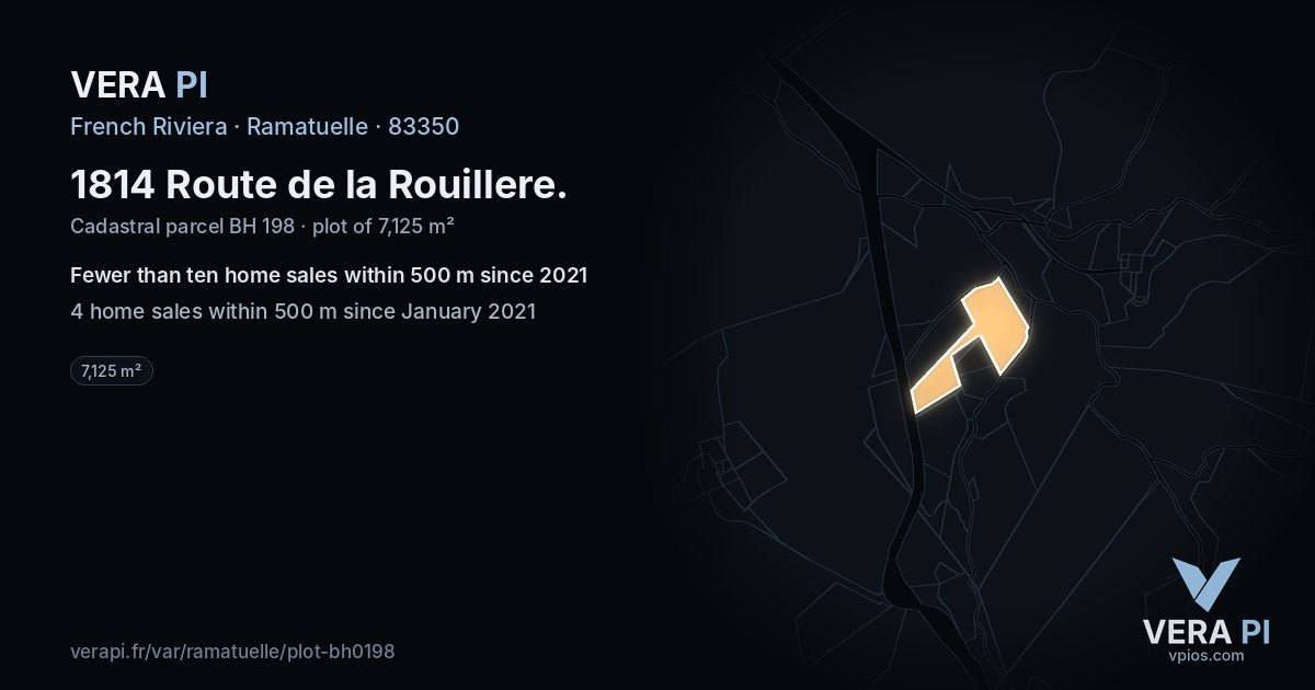 1814 Route de la Rouillere, Ramatuelle at night – the plot lit, the parcels around coloured by the prices near them
