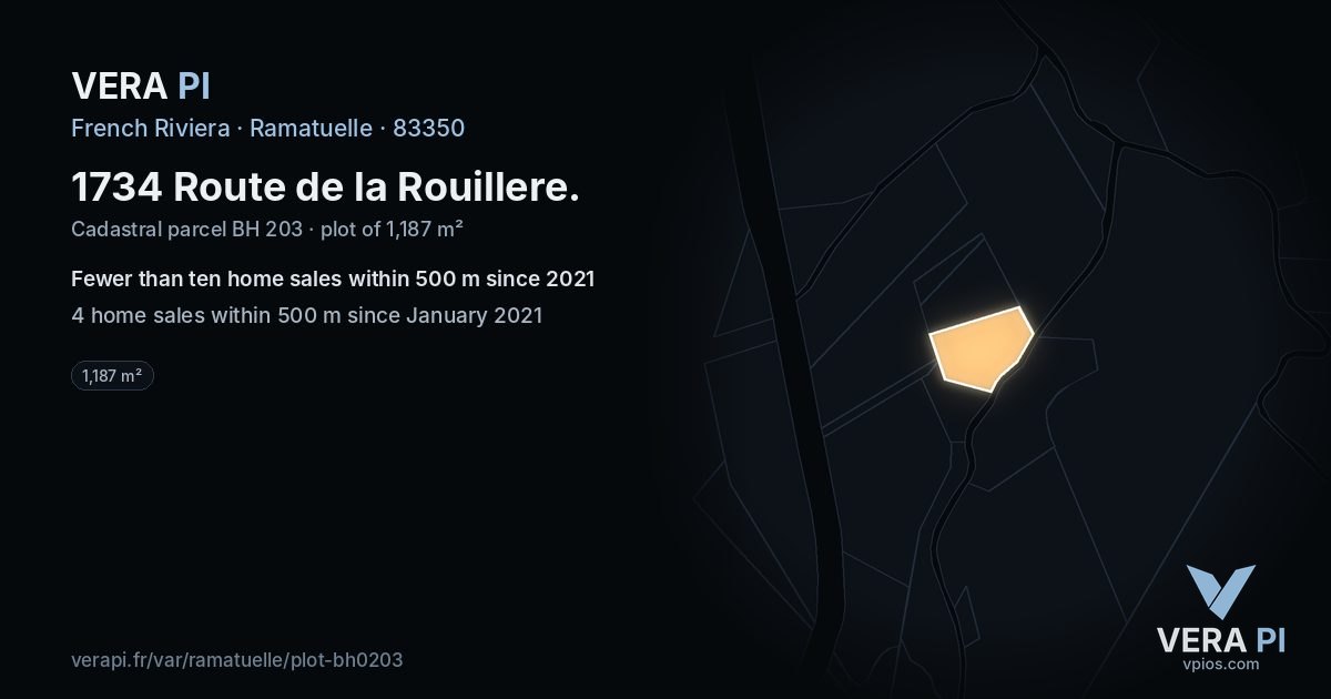 1734 Route de la Rouillere, Ramatuelle at night – the plot lit, the parcels around coloured by the prices near them