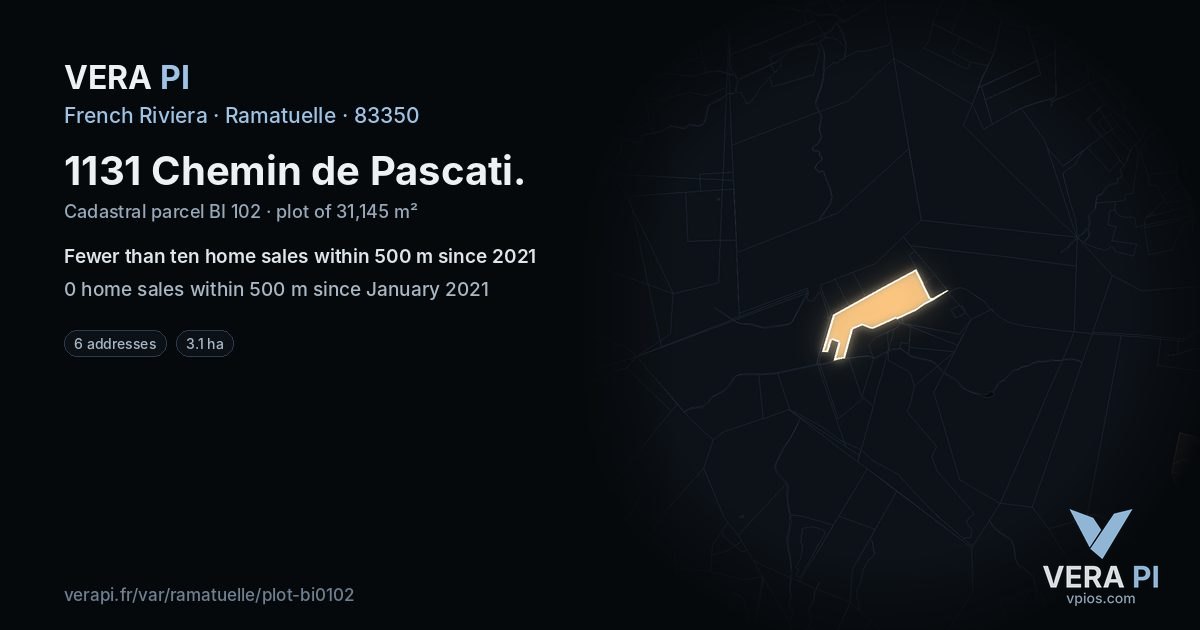 1131 Chemin de Pascati, Ramatuelle at night – the plot lit, the parcels around coloured by the prices near them
