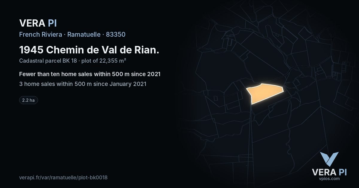 1945 Chemin de Val de Rian, Ramatuelle at night – the plot lit, the parcels around coloured by the prices near them