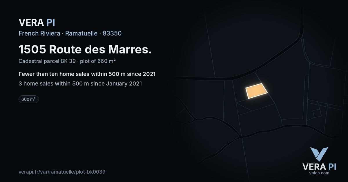 1505 Route des Marres, Ramatuelle at night – the plot lit, the parcels around coloured by the prices near them