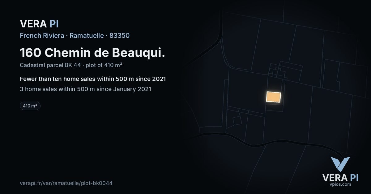 160 Chemin de Beauqui, Ramatuelle at night – the plot lit, the parcels around coloured by the prices near them