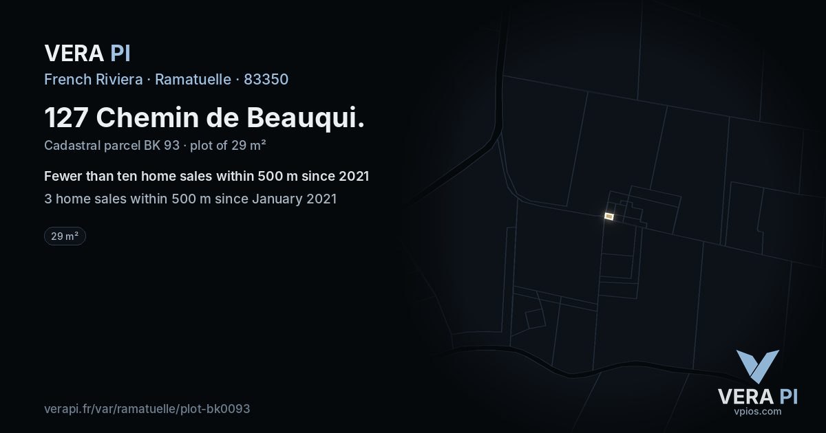 127 Chemin de Beauqui, Ramatuelle at night – the plot lit, the parcels around coloured by the prices near them
