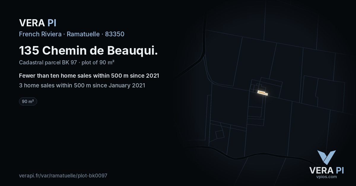 135 Chemin de Beauqui, Ramatuelle at night – the plot lit, the parcels around coloured by the prices near them